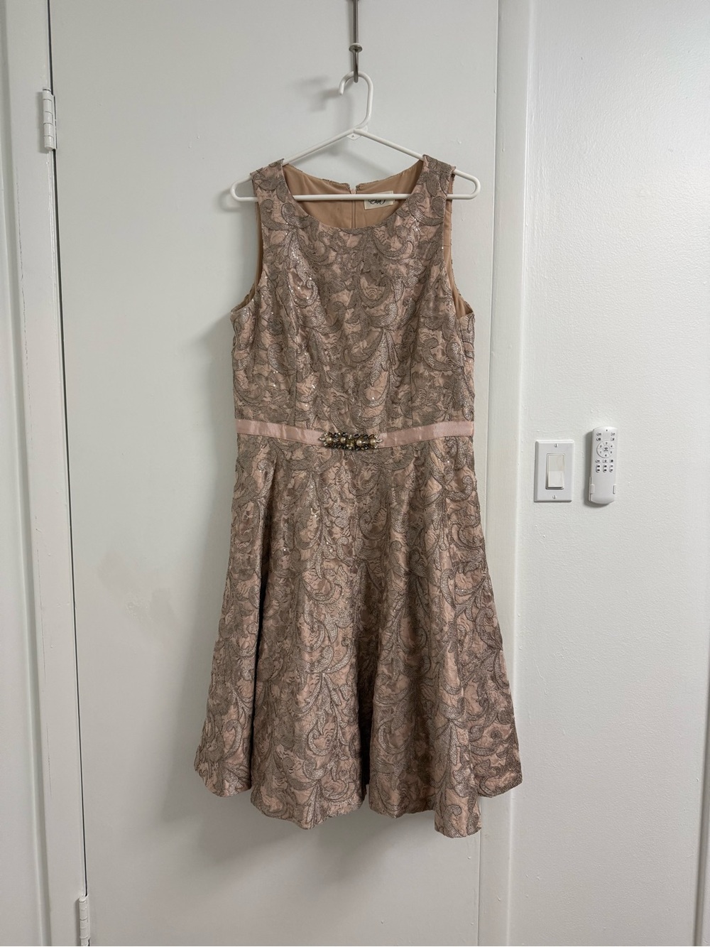 Eliza J Taupe Pink Blush Lace A-Line Midi Dress with Jeweled Belt Jacquard